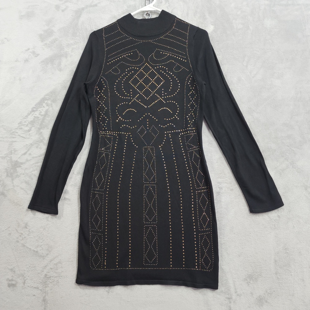 Say What Dress Womens L Juniors Black Long Sleeve Bodycon Mini Heat Seal Stone